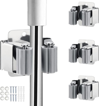 3PCS Broom and Mop Holder, Heavy Duty Garden Tool Organizer Rack Rake and Shovel Handle, Stainless Steel Mop Hanger. Wall Mounted Utility Rack with Screws, Silver.