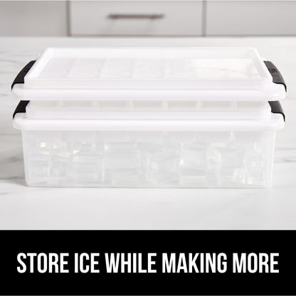 GORILLA GRIP Stackable Ice Cube Tray and Bucket Set for Freezer, Includes 2 Trays with Lid and Scooper, Easy Release, Makes 56 Cubes for Cocktail Soda Coffee, Leak Proof Bin Kit, Kitchen Tools, Black