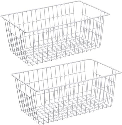 Slideep Freezer Baskets Farmhouse Organizer Storage Basket with Handles, Food Storage Bin for Kitchen Cabinets, Pantry, Closet, Bedroom, Bathroom, Office, 2 Pack, White