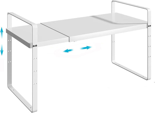 iPEGTOP Expandable Cabinet Storage Shelf Organizer Rack, Heavy Duty Cupboard Stand Spice Rack Adjustable Height Garage Pantry Shelf Space Riser for Counter Kitchen Organization, White, 1 Pack