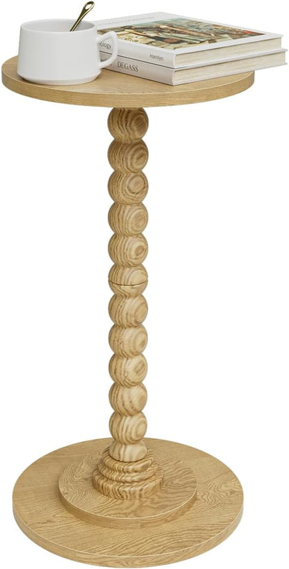 Masupu Round Side Table, Small End Table for Small Spaces, Pedestal Drink Table with Solid Wood Leg for Living Room, Bedroom, Corners(Natural)