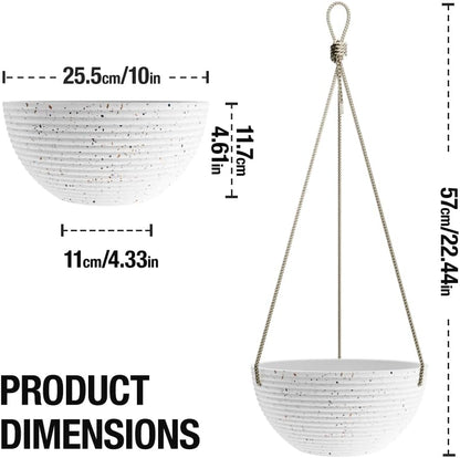 Line Pattern 10 Inch Hanging Planter for Indoor Outdoor Plants, 2 Pack Round Hanging Pots for Plants (Speckled White)
