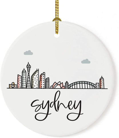 Andaz Press Round Ceramic Porcelain Christmas Tree Ornament Keepsake Gift, Sydney, Colorful International City Skyline Graphic, 1-Pack, Birthday Ideas Family Coworker Him Her, Gift Box