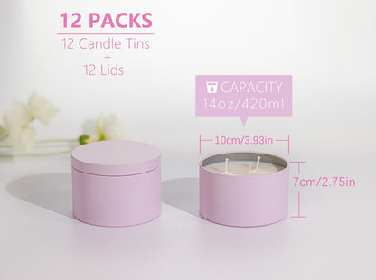 Candle Tins with Lids, 3-Wick Jars 14oz/420ml - 12 Pack Seamless Bulk Containers for Candle Making - Pink