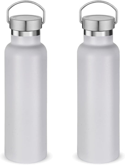 Neihepal 20 oz Insulated Water Bottles Bulk 2 Pack,Stainless Steel Double Wall Sport Bottle with Lid of Handle,Metal Reusable Thermoses Flask with Cup Cap for School,Cyclists,Gift (White,Set of 2)