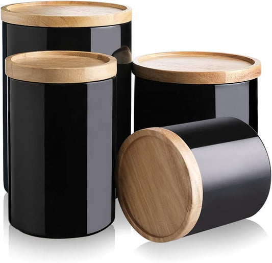 Sweejar Kitchen Canisters Ceramic Food Storage Jar Set, Stackable Containers with Airtight Seal Wooden Lid for Serving Ground Coffee, Tea, Herbs, Grains, Sugar, Salt - Set of 4 (Black)