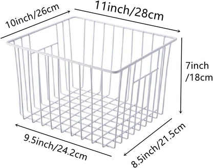 Slideep 11'' Farmhouse Freezer Food Storage Organizer Baskets Modern Refrigerator Metal Wire Basket Bin with Built-in Handles for Kitchen, Pantry, Bathroom, Cabinets, White -Set of 6