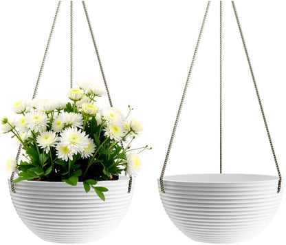 Line Pattern 10 Inch Hanging Planter for Indoor Outdoor Plants, 2 Pack Round Hanging Pots for Plants (White)