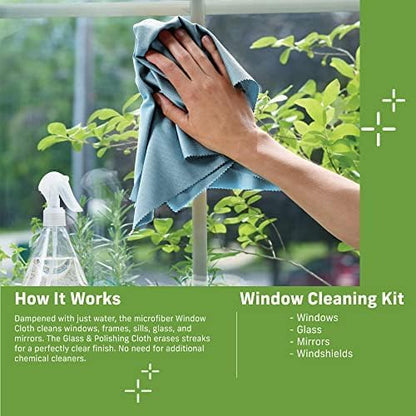 E-Cloth Window Cleaning Cloth - Eco Packaging - Glass Cleaning Cloth, Streak-Free Windows with Just Water, Microfiber Towel Kit for Windows, Car Windshield, Mirrors - Winter Green - 2pack