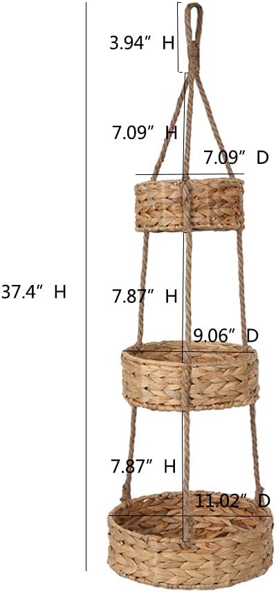 KINGWILLOW 3 Tier Hanging Fruit Basket, Handmade Natural Water Hyacinth Wall Vegetable Storage Baskets, Space Saver for Kitchen Organizing Plant Holder