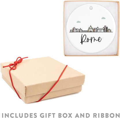 Andaz Press Round Ceramic Porcelain Christmas Tree Ornament Keepsake Gift, Rome, Colorful International City Skyline Graphic, 1-Pack, Birthday Ideas Family Coworker Him Her, Gift Box