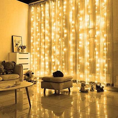 FUNPENY Window Curtain String Lights, 300 LED 8 Lighting Modes Fairy Lights USB Powered, Waterproof Lights for Christmas Bedroom Party Wedding Home Garden Wall Decorations, Warm White