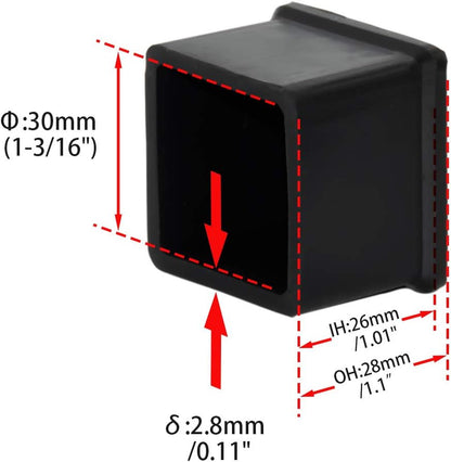 Flyshop Durable Non-Marking Silicone Chair Leg Caps Tips Floor Protectors Square Furniture Table Leg Covers, 20pcs, Black, 30 mm x 30 mm, 1-3/16" x 1-3/16"