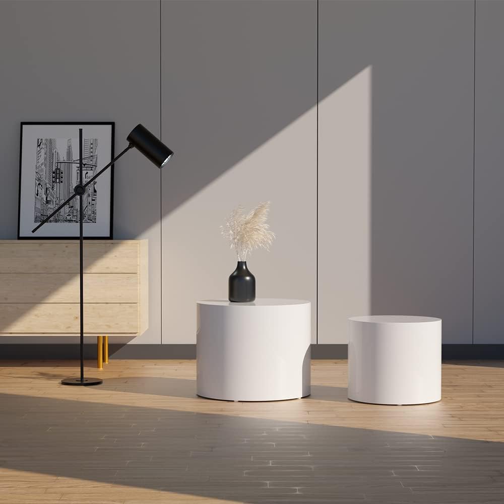 WILLIAMSPACE Nesting Coffee Table Set of 2, Matte White Round Wooden Coffee Tables Modern Circle Table for Small Space Living Room Bedroom Accent End Side Table (Matte White-Round)