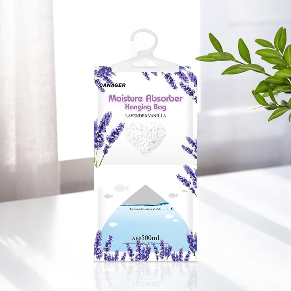 CANAGER Moisture Absorber -12 Pack,Lavender Vanilla Hanging Humidity Bag,Home,Car, and Closet Dehumidifiers and Deodorizers (12.5OZ)