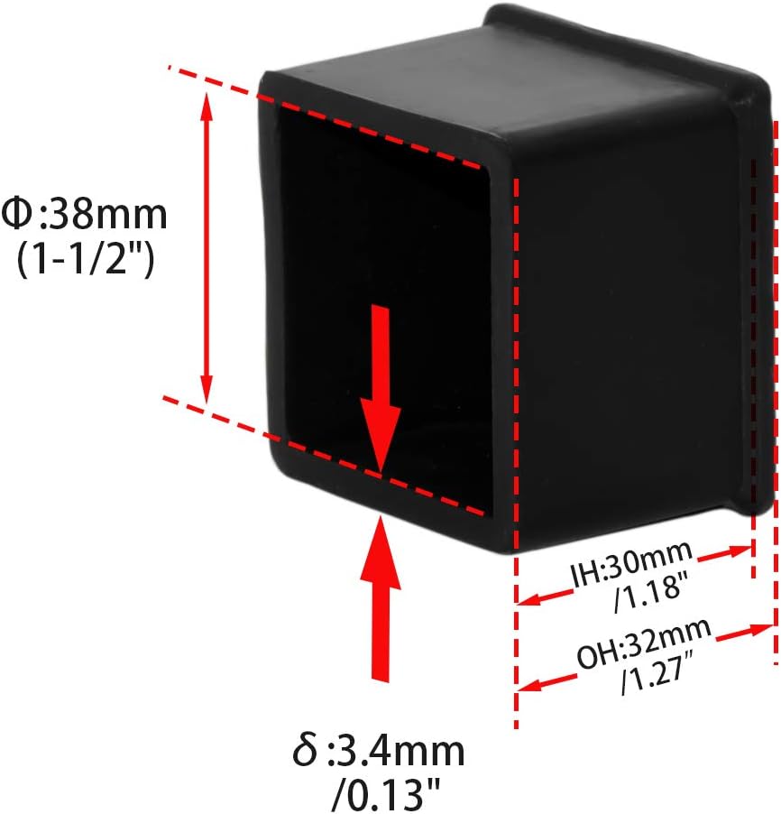 Flyshop Durable Non-Marking Silicone Chair Leg Caps Tips Floor Protectors Square Furniture Table Leg Covers, 20pcs, Black, 38 mm x 38 mm, 1-1/2" x 1-1/2"