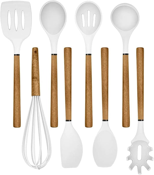 Country Kitchen Non Stick Silicone Utensil Set with Rounded Wood Handles for Cooking and Baking, 8 Piece Set, White