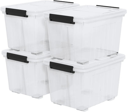 Zopnny 30 Quart Plastic Stacker Box, Large Storage Bin Container with Latching Lids and Wheels for Home and Garage Organizing, Shoes, Tools, Clear Base, 4-Pack