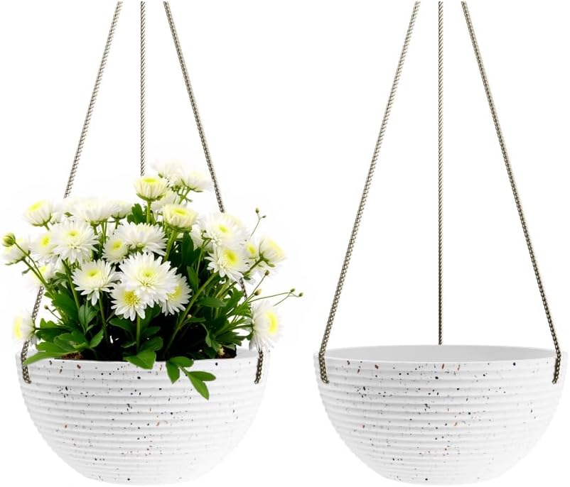 Line Pattern 10 Inch Hanging Planter for Indoor Outdoor Plants, 2 Pack Round Hanging Pots for Plants (Speckled White)