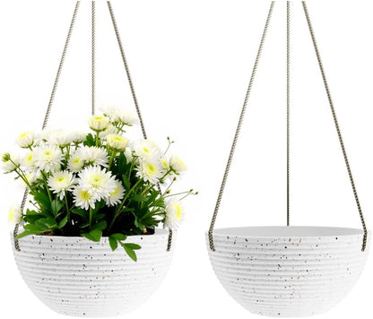 Line Pattern 10 Inch Hanging Planter for Indoor Outdoor Plants, 2 Pack Round Hanging Pots for Plants (Speckled White)