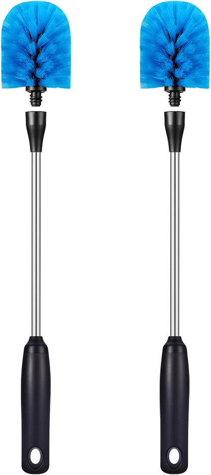 Stainless Steel Bottle Brush with Replaceable Head, Long Handle Scrub Brush for Water Bottles, Glasswares, Mugs, Flasks, Tumblers, Vases, and Kitchen Sink, 2 Pack, 15 in
