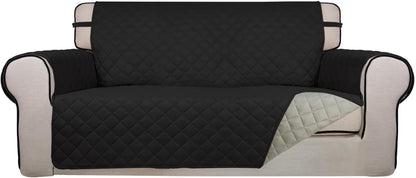 PureFit Reversible Quilted Sofa Cover, Water Resistant Slipcover Furniture Protector, Washable Couch Cover with Non Slip and Elastic Straps for Kids, Dogs, Pets (Oversized Loveseat, Black/Beige)