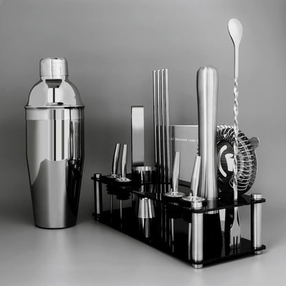 14-Piece Cocktail Shaker Set Bartender Kit with Black Stand, Bar Tool Set for Drink Mixing Bartending Kit Bar Sets Accessories: 750ml(25oz) Shaker, Jigger, Muddler, Cocktail Recipes (Silver)