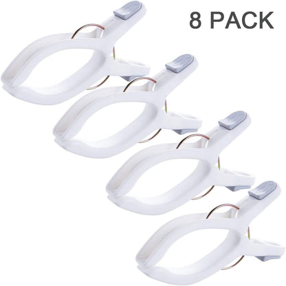 8 Pack Beach Towel Clips for Beach Chairs White Jumbo Size Towel Clamps Lounge Pool Chairs Plastic Clothes Pegs Hanging Clip Clamps Large for Cruise Vacation