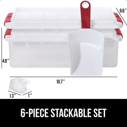GORILLA GRIP Stackable Ice Cube Tray and Bucket Set for Freezer, Includes 2 Trays with Lid and Scooper, Easy Release, Makes 56 Cubes for Cocktail Soda Coffee, Leak Proof Bin Kit, Kitchen Tools, Red