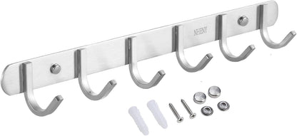 Coat Hook Wall Mount Towel Rack with 6 Hooks Hanger for Hanging Clothes, Bags, Keys, and Towels Bathroom, Entryway, Door, 304 Stainless Steel Brushed Nickel