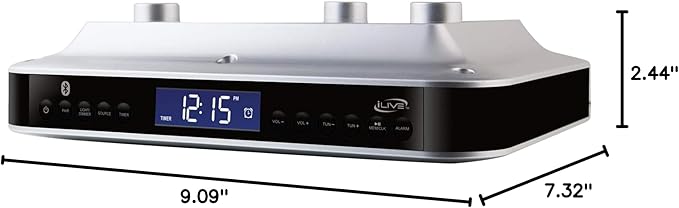iLive Under Cabinet Bluetooth FM Radio for Kitchen, Wireless Stereo with Built-in Clock & Timer, 20 FM Presets, Negative LCD, 60-Ft Range, Under-Cabinet Mounting Hardware, AC Powered + Battery Backup