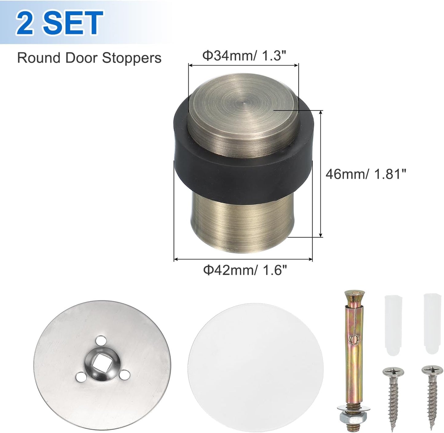 PATIKIL 2Set Round Door Stoppers, 46mm Stainless Steel Door Stop Doorstop Wedge Metal Cylinder Self Adhesive with Screw for Bottom of Door Floor Inside, Bronze