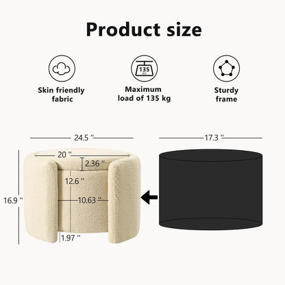 Furniliving Upholstered Button Tufted Round Ottoman, Ottoman with Storage, Teddy Footrest Stool, Removable Lid Convenient Footstools, Bedroom Ottomans with Storage for Vanity, Living Room, Beige