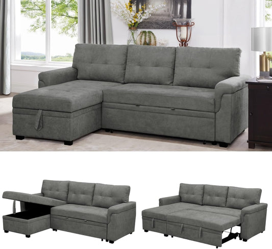 Naomi Home Transform Any Space: Sleeper Sectional Sofa with Convertible Sofa Bed & Inviting Chaise. Find Tranquil Comfort with Stress-Relieving Design & Durable Cushions - Gray/Velvet