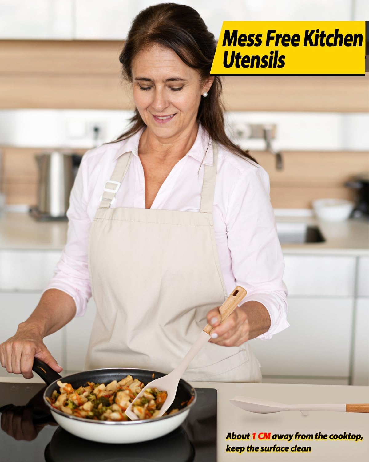 Pack of 4 Silicone Kitchen Utensils Set, Non Stick Solid Spatulas and Heat Resistant Slotted Spoons with Wooden Handle, Ideal BPA Free Cooking Utensils for Mixing,Serving,Turning,Stirring(KHAKI)