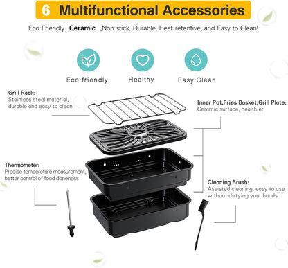 Indoor Grill and Air Fryer Combo with Ceramic Accessories, 7-IN-1 Digital Display, 5.2 QT Electric Smokeless, 500°F Max, Large View Window, Roast, Bake & Dehydrate, Adjustable Temps, Easy Clean