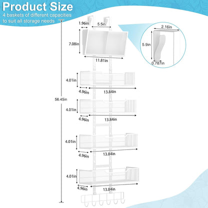 Adjustable Over The Door Organizer, Hanging Door Storage with PVC Pocket and 4 Metal Baskets Wall Mount, Closet Door Organizer Behind Door Rack for Bathroom Bedroom Closet, White