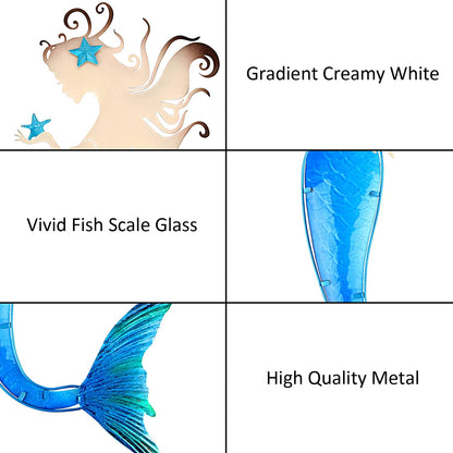 John's Studio Mermaid Wall Decor Outdoor Metal Fish Bathroom Hanging Art Glass Blue Ocean Theme Decorations for Home, Pool and Patio