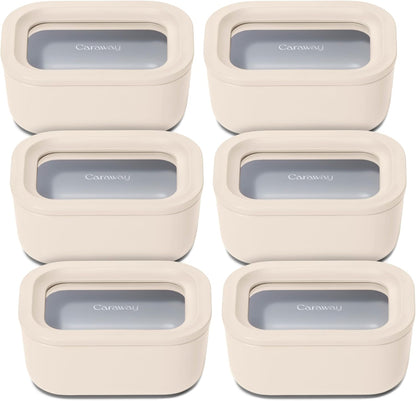 Caraway 6pc Glass Food Storage Set - 2.6 Cup Storage Containers For Food (6) - Non-Toxic Ceramic-Coated Glass - Air Release Technology - Compact & Stackable Design - Cream