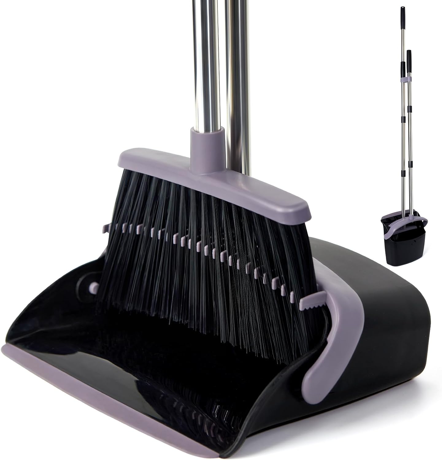 Broom and Dustpan Set, Dustpans with Broom Combo for Home, Heavy Dust Broom and Dustpan Combo, Long Handle Dust Pan and Broom Set for Kitchen, Office, Pet Hair, Charcoal Color, Pack of 1