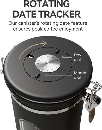 Veken Large Coffee Canister with Window, Rice Kitchen Food Storage Airtight Stainless Steel Container with Lids, Date Tracker and Scoop, Grounds, Beans, Tea, Flour, Cereal, Sugar Jars, 38oz, Black