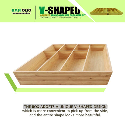 V-Shaped Extra Large Bamboo Drawer Organizer Set of 2, Kitchen Cutlery Tray Utensil Plate, Flatware&Silverware Storage Box, Wood Organizer for Bedroom, Living Room (19.6"x14.6" & 19.6"x12.4")