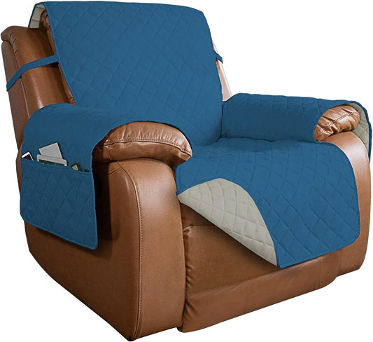 PureFit Reversible Quilted Sofa Cover, Water Resistant Slipcover Furniture Protector, Washable Couch Cover with Non Slip and Elastic Straps for Kids, Dogs (Oversized Recliner, Peacock Blue/Beige)