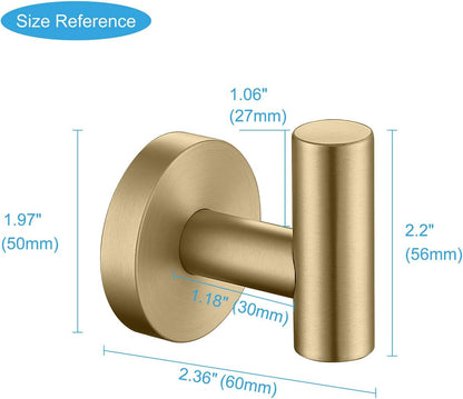 TASTOS Brushed Gold Bathroom Towel Coat Hook Stainless Steel, 2 Pack Robe Clothes Cabinet Closet Sponges Hooks Holder Round Style Heavy Duty Wall Hook for Bathroom Kitchen Hotel Wall Mounted