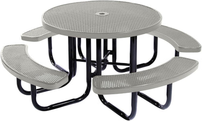 Heavy-Duty Portable Outdoor Picnic Table with Umbrella Hole, Punched Steel Commercial-Grade Patio Dining Furniture Made in America (46" Round Top, Textured Grey)