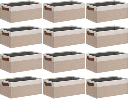GhvyenntteS Small Fabric Storage Bins 12 Pack, 11.8" x 7.87" x 5.11" Storage Basket with Leather Handles, Closet Storage Bins for Shelves, Storage Baskets for Shelves, DVD Storage (Pink/White)