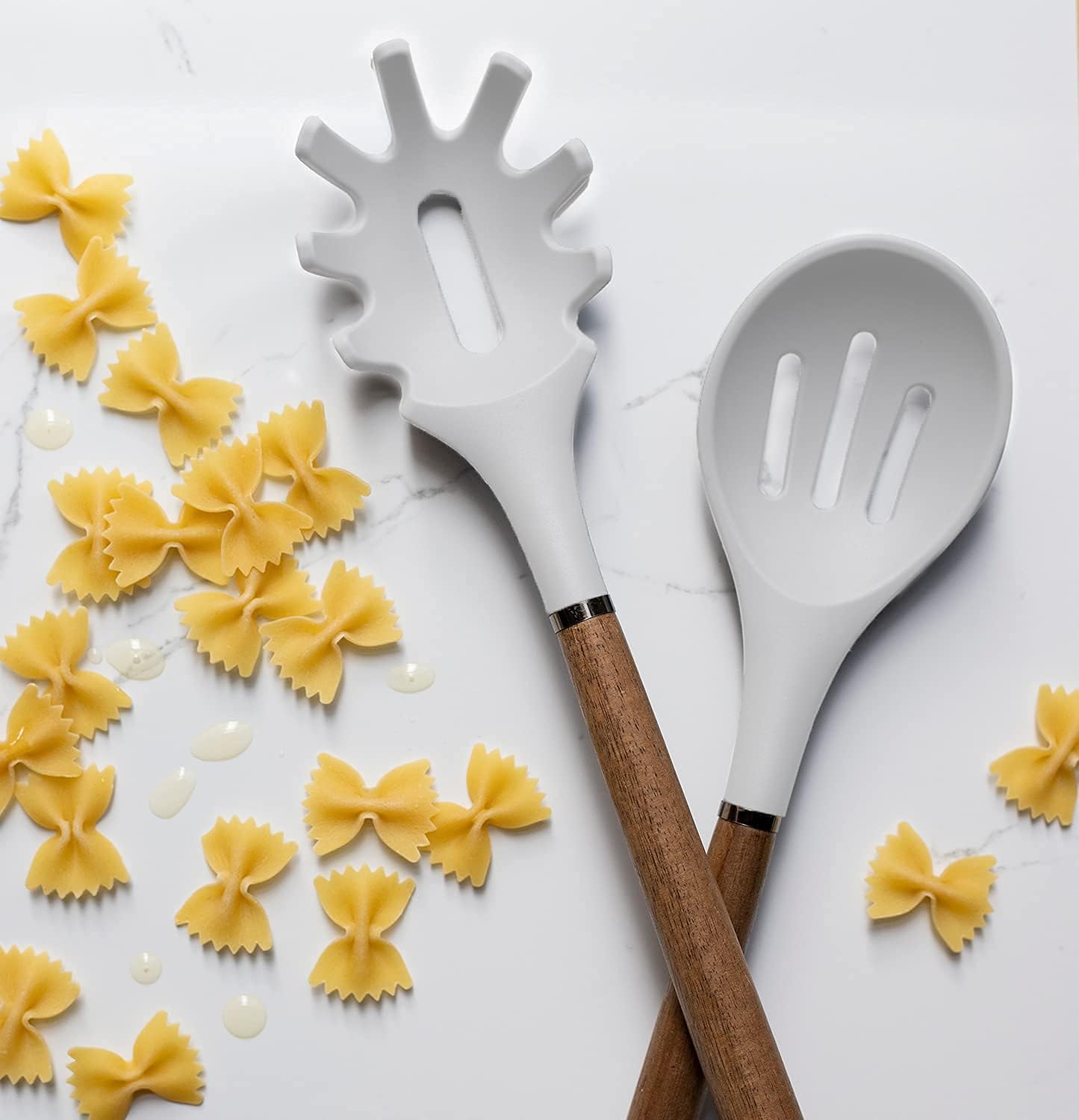 Country Kitchen Non Stick Silicone Utensil Set with Rounded Wood Handles for Cooking and Baking, 8 Piece Set, White