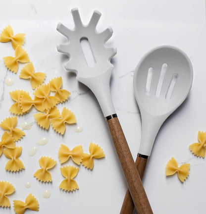 Country Kitchen Non Stick Silicone Utensil Set with Rounded Wood Handles for Cooking and Baking, 8 Piece Set, White