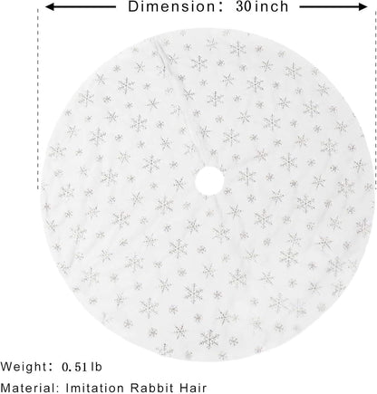 30inch White Christmas Tree Skirt Tree Carpet Blanket, Soft 2.5ft Xmas Christmas Tree Blanket with Silver Snowflake White Faux Fur Carpet for Christmas Holidays Decoration Party