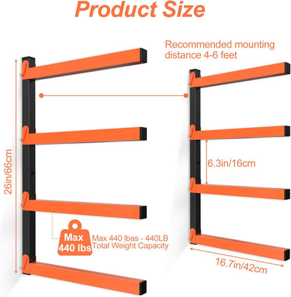 NANANARDOSO Wall Mount Wood Organizer and Lumber Storage,Heavy Duty Metal Shelf with 4-Level,Lumber Metal Racks for Indoor and Outdoor Use,2 Pack